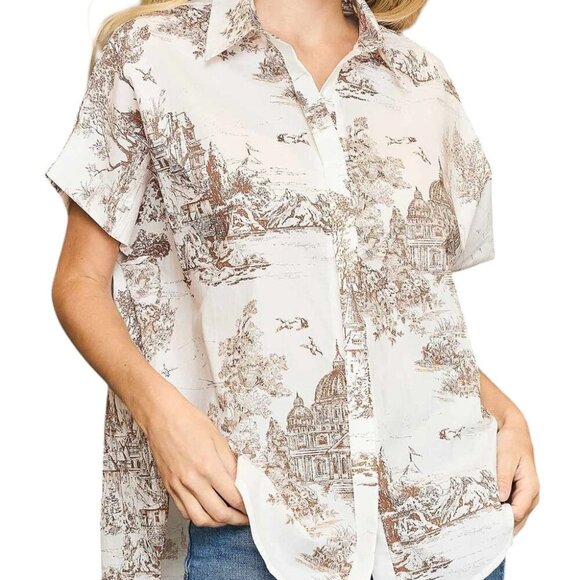 Beige Button Up Womens Shirt Vacation Top - Picture 1 of 3